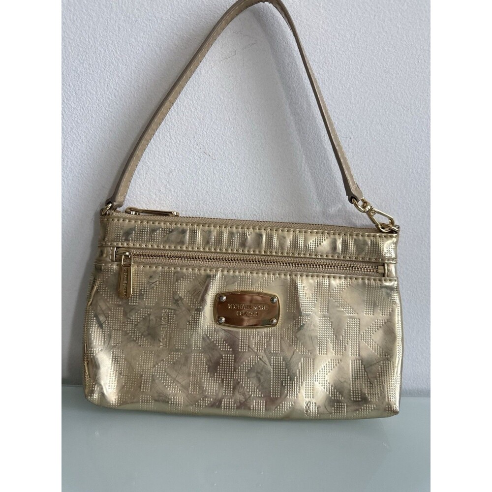 Michael Kors Gold Metallic MK Monogram Patent Shoulder Bag Pochette Vintage
